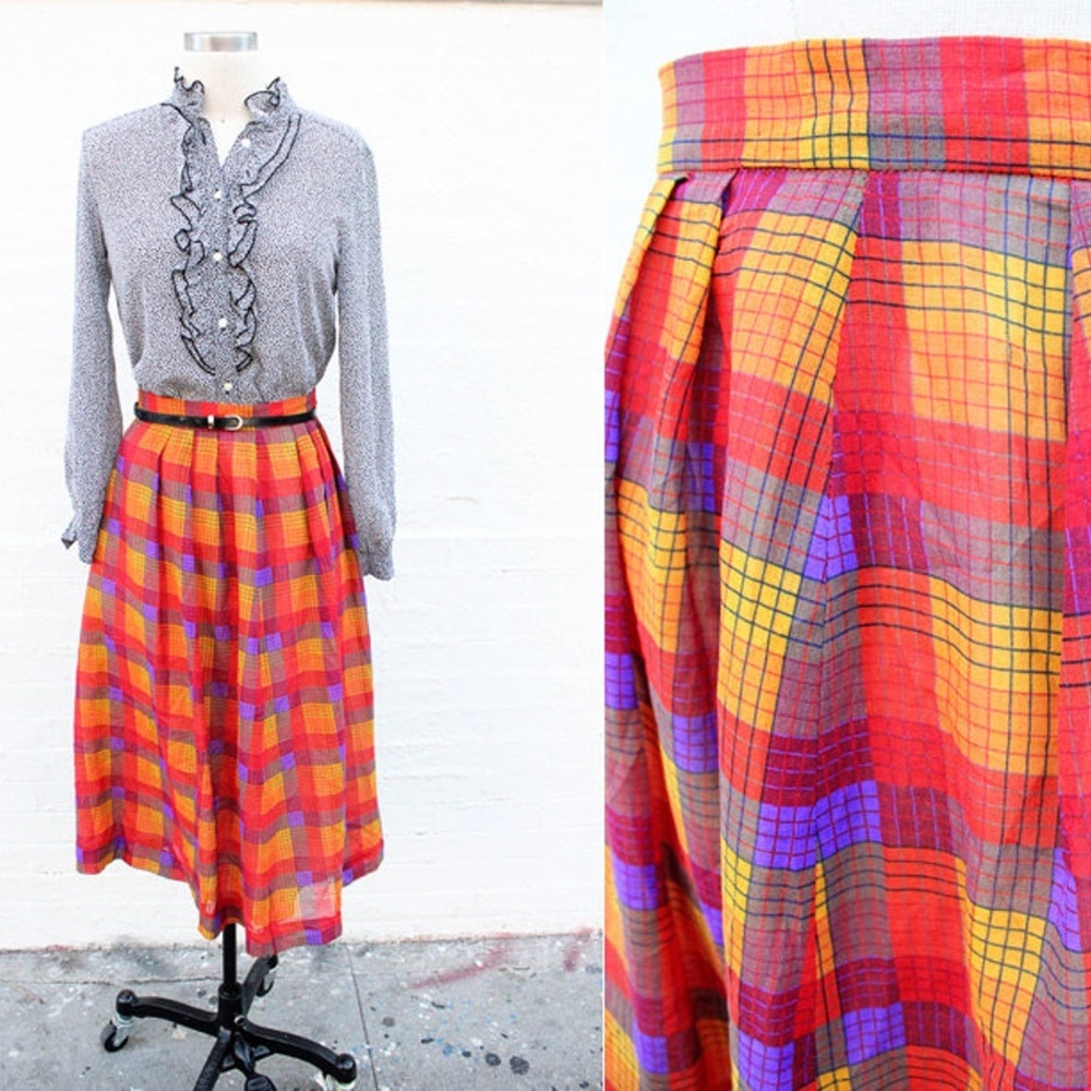Vtg Japanese Orange & Purple Plaid Circle Skirt